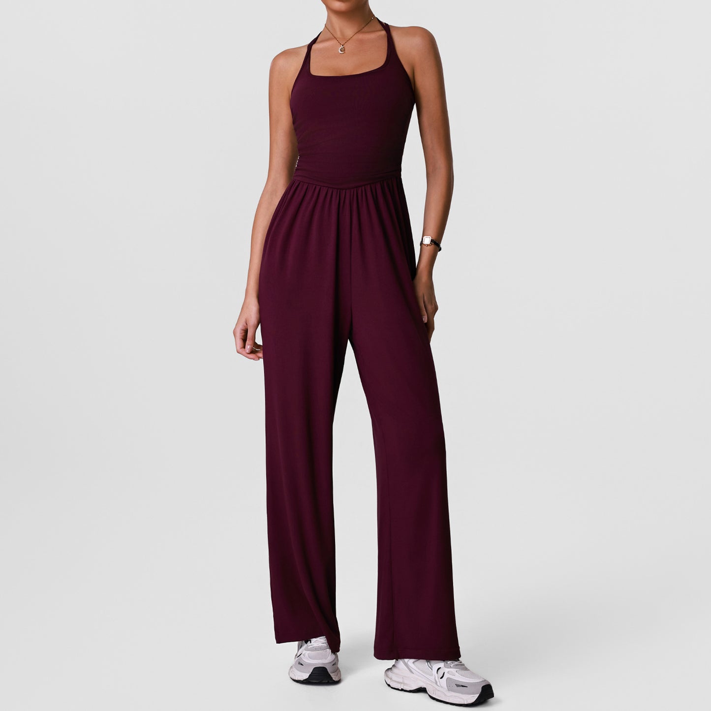 Strapless Backless Hollow-Out Yoga Bodysuit with Padded, Slimming and Body-Hiding Design for Sport and Casual Wear, Wide-Leg Bodysuit