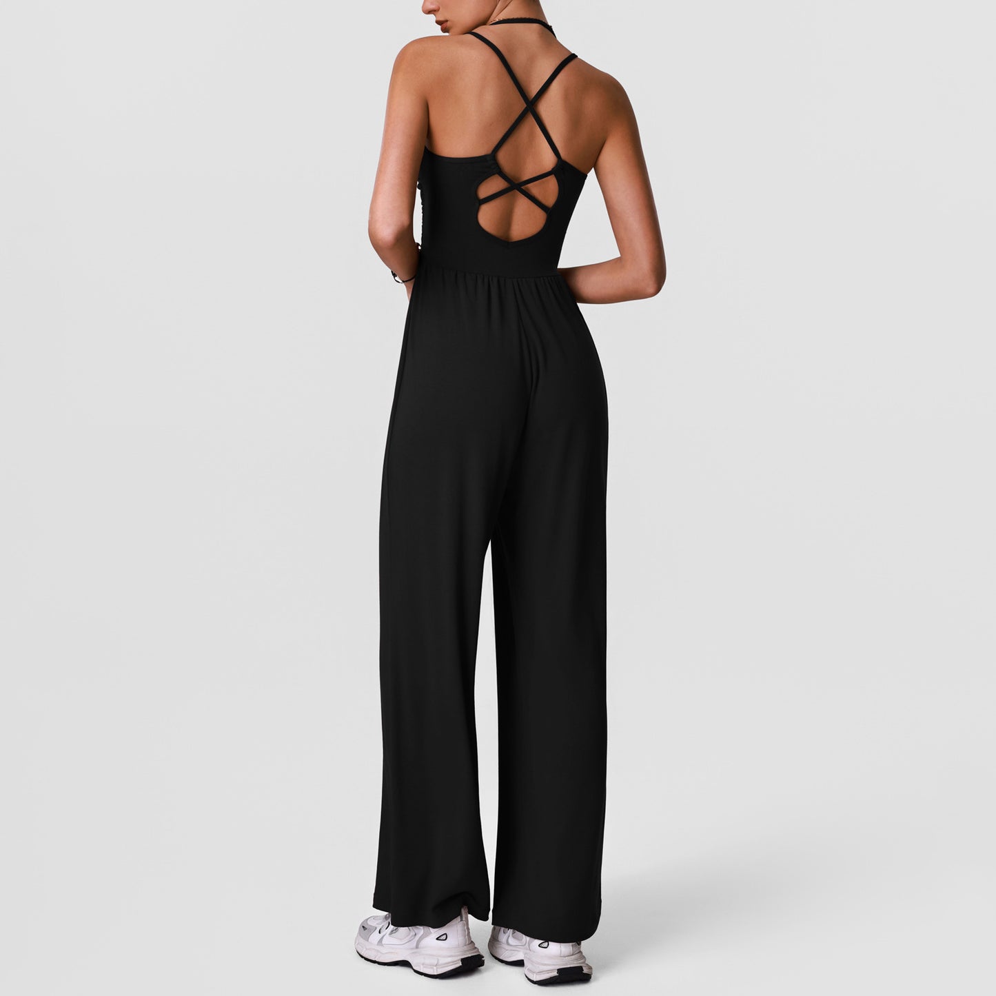 Strapless Backless Hollow-Out Yoga Bodysuit with Padded, Slimming and Body-Hiding Design for Sport and Casual Wear, Wide-Leg Bodysuit