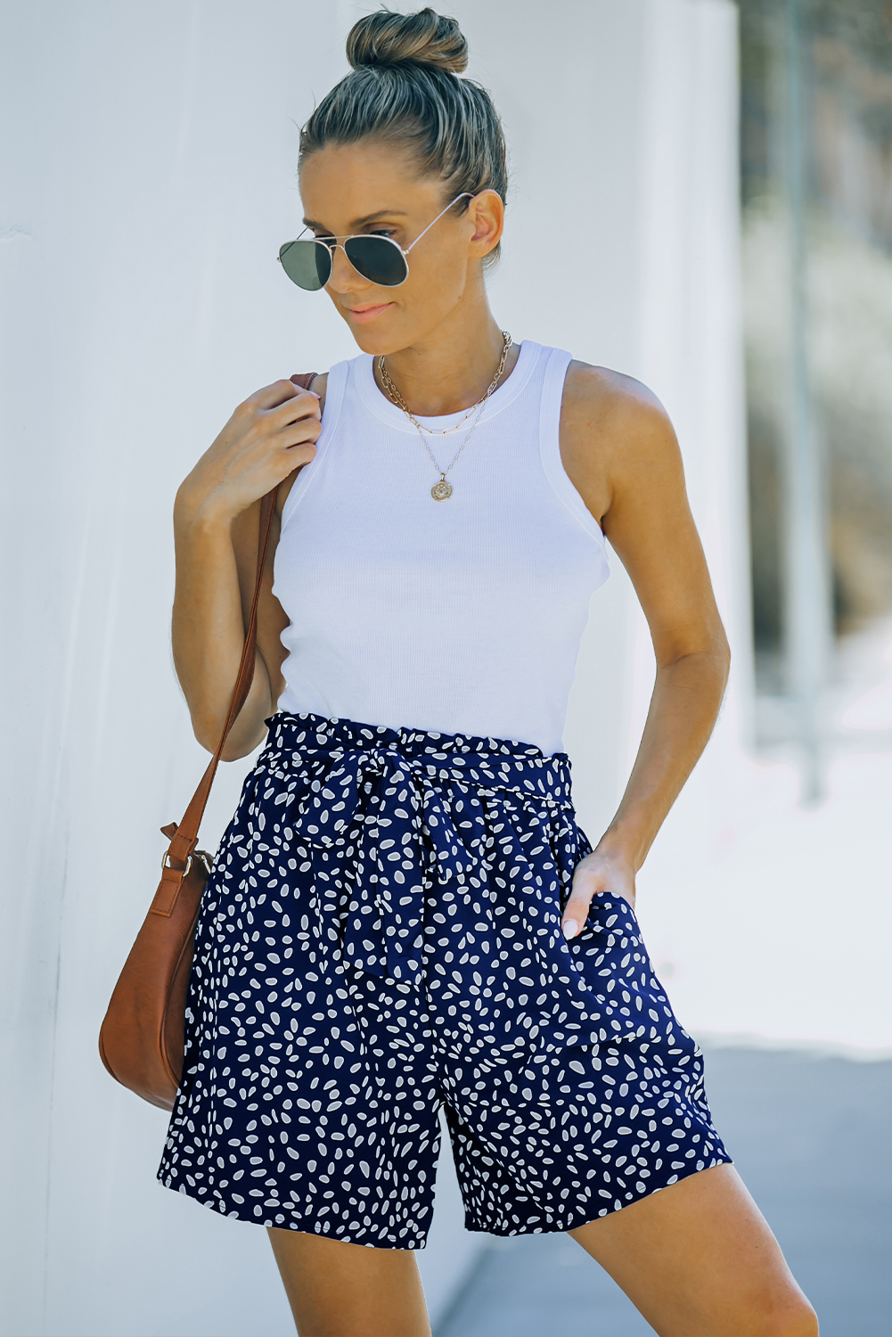 Blue Spotted Print Loose Casual High Waist Shorts