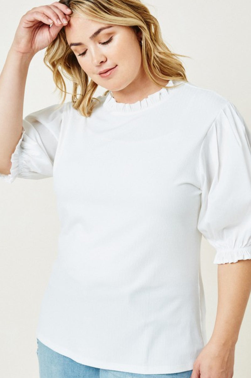 Ribbed Mock Neck Puff Sleeve Top