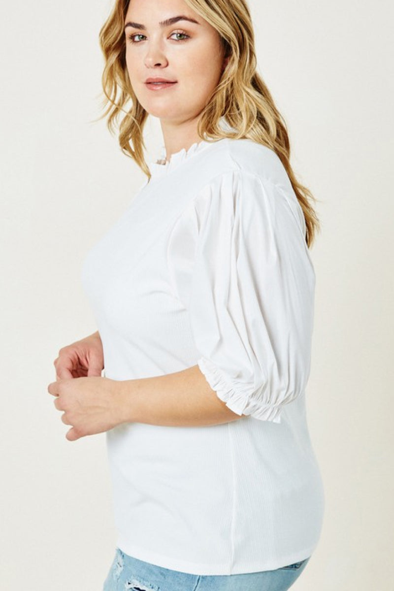 Ribbed Mock Neck Puff Sleeve Top