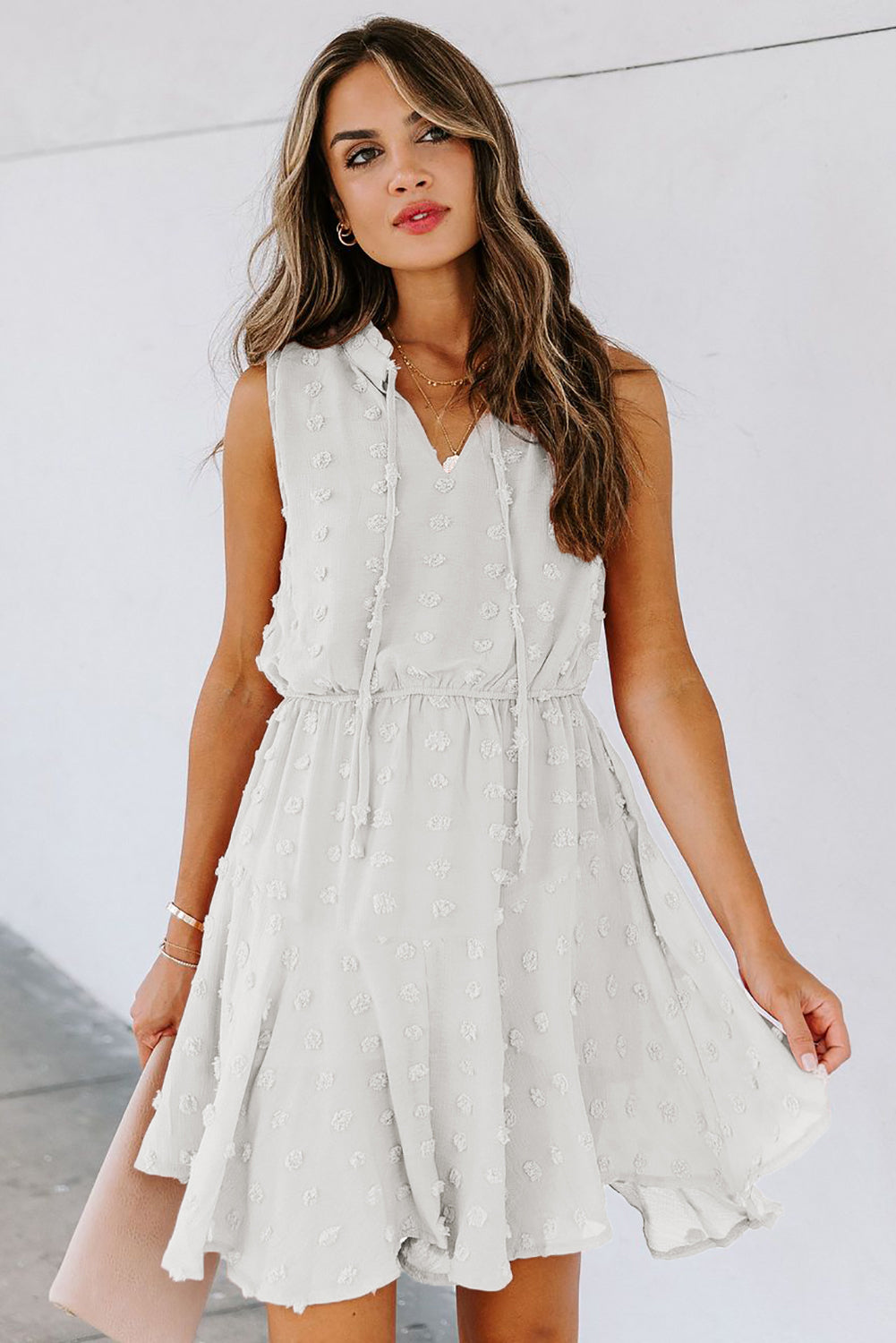 Split Neck Pom Pom Textured Flowy Dress