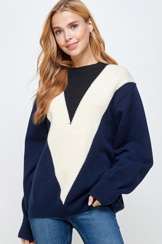 Contrast Chevron Print Pullover Sweater